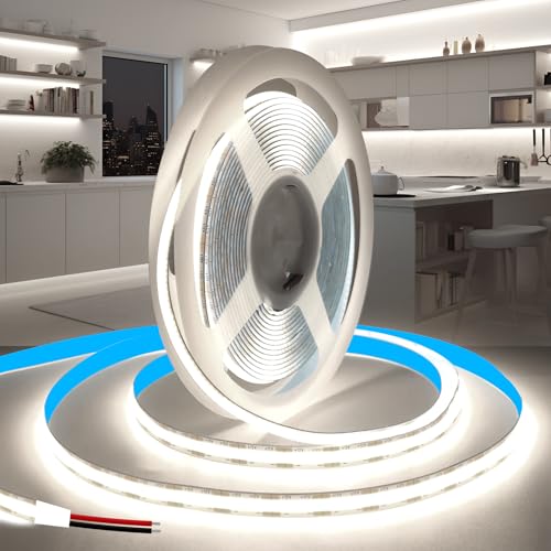 KSIBNW 12V COB LED Strip 5M/16.4ft, 8mm Width Led Strip Lights Cool White 6000K LED Tape Lights CRI90+ Uniform Dotless for Bedroom Cabinet Kitchen Decoration (No Power Supply)