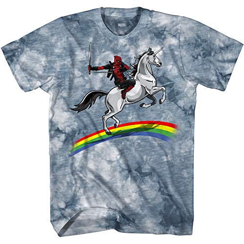 Marvel Deadpool Riding A Unicorn On A Rainbow T-Shirt (Medium, Grey Cloud WASH)