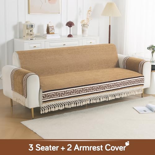 Image of HOKIPO 'Imperial Tassel Series' Premium Chenille Jacquard Sofa Cover Set for 3 Seater for Seat, Back & Arms with Tassels, Caramel Brown (IN-1011 + IN-1012-I2*2)
