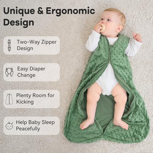 Unnivoll Baby Sleeping Bag 1.5 Tog with Plush Dots Sleep Bag 2 Pack Baby Sleep Sack Wearable Blanket for Newborn Infant 0-6 Months Blue&Green - Image 4