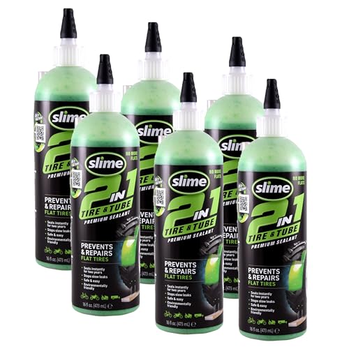 Image of Slime 10193-6PK 2-in-1 Tire and Tube Sealant Puncture Repair Sealant, Premium, Prevent and Repair, Suitable for Non-Highway Tires and Tubes, Non-Toxic, Eco-Friendly, 6 x 16oz Bottles