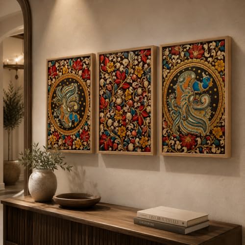 Image of Livin'luxe Set of 3 Abstract Peacock Flowers Wall Paintings for Living Room Bedroom Home Decor with Premium Wooden Color Synthetic Frame (25.5 x 19.5 Inch) NM03-72