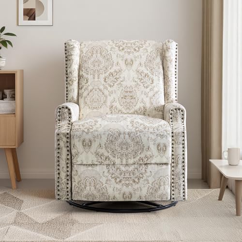 Image of Swivel Rocker Recliner Chairs Set of 2, 360 Swivel Wingback Recliner Chairs for Adults, Upholstered Printed Fabric Glider Rocking Chair with High Back, Deep Seat for Living Romm Bedroom, Beige