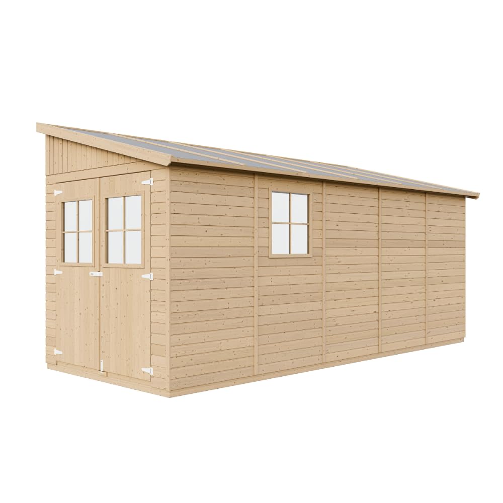 TIMBELA M341 Abri de Jardin en Bois Naturel (sans paroi latérale)- Stockage extérieur avec fenêtres- H244x216x513 cm/10 m2, Hangar en Bois Naturel - Atelier Rangement Outils et vélos