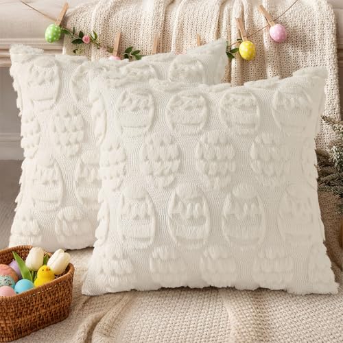 Image of decorUhome Easter Cream White Egg Pillow Covers 20x20 Inch Set of 2, Soft Plush Faux Wool Jacquard Cushion Covers, Farmhouse Neutral Fuzzy Spring Easter Holiday Decor for Couch Sofa Bed