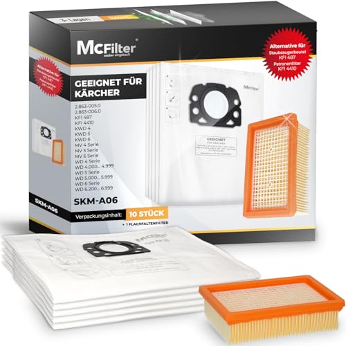 McFiltro - 10 bolsas para polvo + 1 filtro compatible con Kärcher WD4 P S V-20/5/22, WD5 P V-25/5/22, WD6 P S V-30/6/22/T, MV4, MV5, MV6 Alternativa para Kärcher KFI 487 like KFI 4410 - Tipo KA 33