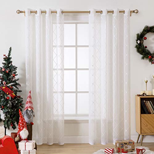 MIULEE Regalo Navidad 2 Unidades Cortinas Visillo Translúcida Poliéster Gasa con Bordada rombal Moderna para Ventanas Balcon 8 Anillas Ollaos para Habitación Dormitorio Salón Cocina 140x225cm Blanco