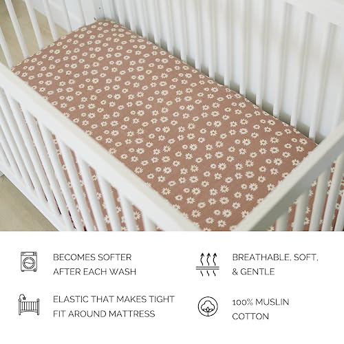 Image of Daisy Dream Muslin Crib Sheet by Mebie Baby, Soft and Breathable Bed Sheets for Babies, Modern Neutral Bedding for Cribs, Standard Crib Mattress Fitted Sheet, Great for Boy or Girl Room or Nursery