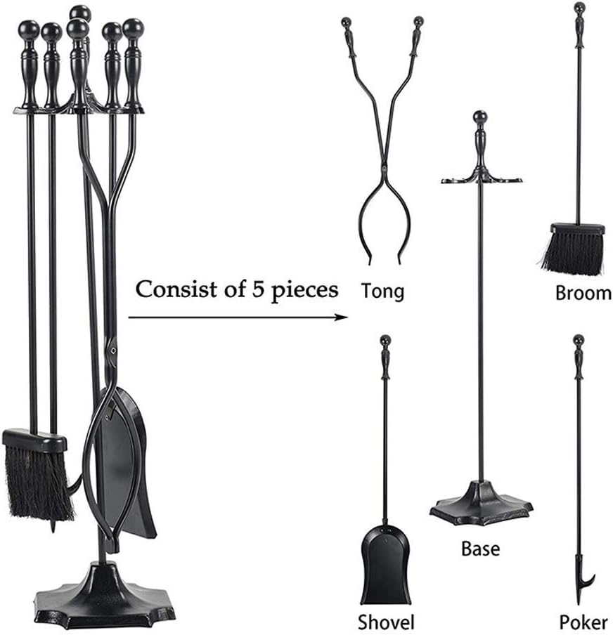 5 Piece Durable fireplaces Tools Wrought Iron Outdoor Indoor fireplaces Hearth Tool Set with Stand Base Holder Living Room fire Set Small Home Decor (A|Chrome)