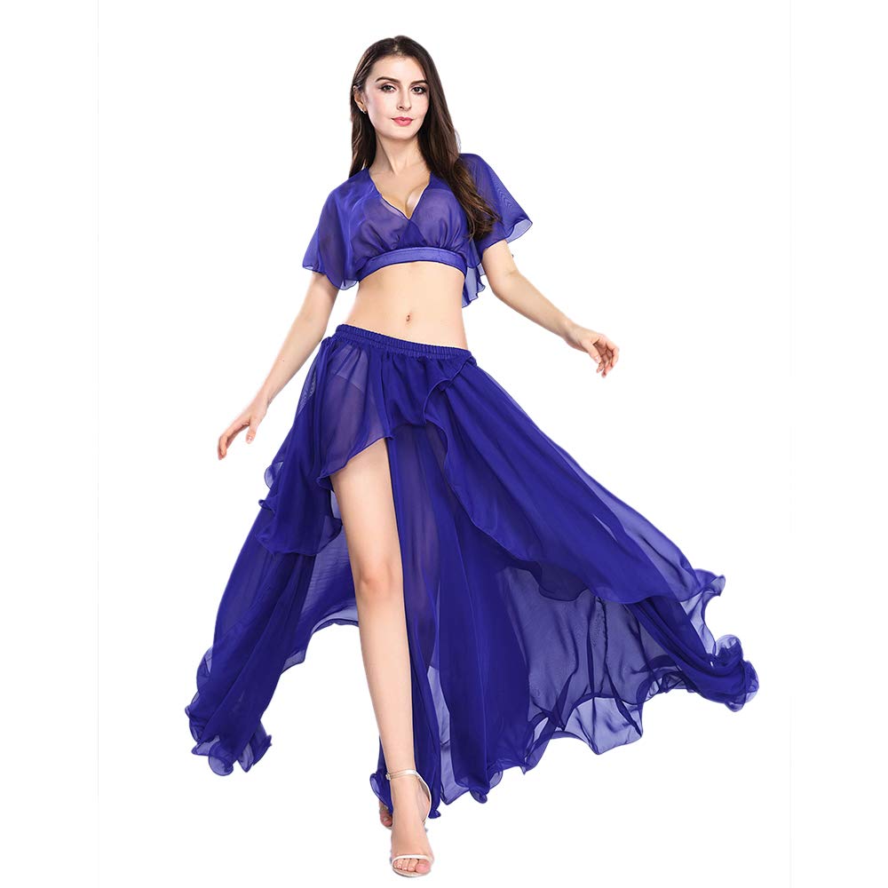 ROYAL SMEELA Costume de Danse du Ventre Tenue de Danse du Ventre Haut et Jupe de Performance Robes en Mousseline de Soie pour Femmes Couleur Unie