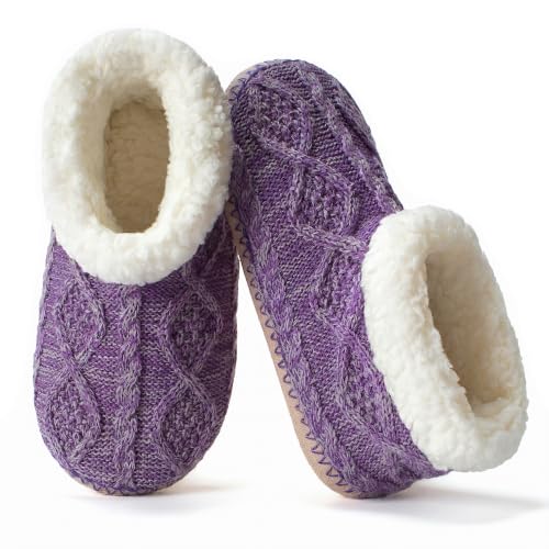 Image of cosyone1997 Cable Knit Slipper Socks for Women Non Slip Soft Sole | Fuzzy sherpa lining, gripper dots, flexible bootie coverage and machine washable care for warm, comfortable indoor wear