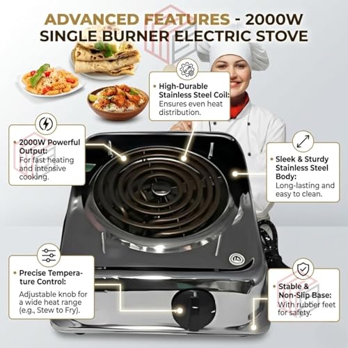 Image of Drumstone TopRated 𝟏𝟓𝐘𝐫 𝐖𝐚𝐫𝐫𝐚𝐧𝐭𝐲 699AID86 2000W Electric Hot Plate Single Burner, Copper Coil Fast Heating Cooktop with Heavy Switch, Portable Chrome Body Stove for Home Kitchen Cooking