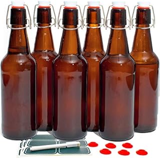 Otis Glass Bottles w/ Stoppers - Set of 6 in Amber Glass w/ Swing Top Lids for Home Brewing, Water & Kombucha - Flip Top 16oz Glass Bottle w/ 6 Bonus Gaskets