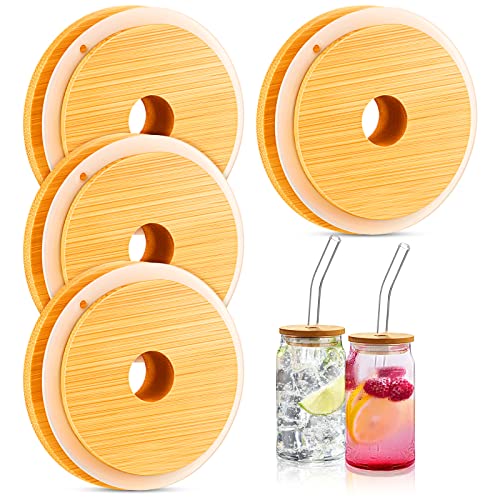Newtay 4 Pieces 16oz Bamboo Lids for Glass Cups, Wooden Lids for Beer Can Jars, Mason Jar Covers with Straw Hole 70 Mm/2.75 Inch Replacement Covers, Glasses and Straw Not Included