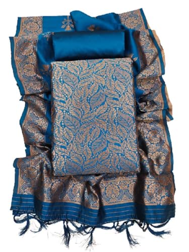 Image of Women Banarsi Silk Unstitched Suit Piece Dress Material | Unstitched Salwar Suit Dress Fabric for Women with Zari Dupatta Set (Suit-2M, Salwar-2M, Dupatta-2.25M) - Teal Blue