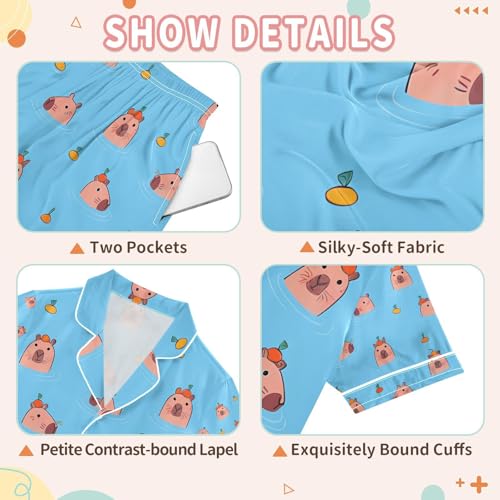 senya Cute Capybara Bath Orange Satin Summer Pajama Sets Silk Short Sleeve Button Down Sleepwear3
