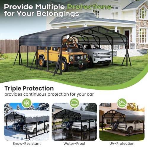 Image of Jocoevol 20x20FT Heavy Duty Metal Carport, Outdoor Car Garage with Support Rods & Windproof Ground Anchors, All-Season Versatile Canopy Tent for 2 Car, Boats, Truck