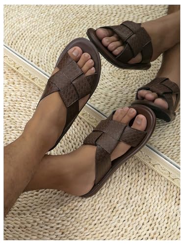 GORGLITTER Men's Leather Beach Roman Sandals 2025 Criss Cross Open Round Toe Slip On Slide3