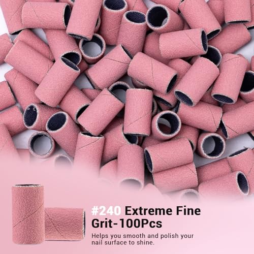 Image of MelodySusie 100 Pcs Nail Drill Bits Sanding Bands for Nail Drill 240 Extreme Fine Grit Nail File Sanding Bands for Acrylic Nails Gel Manicures and Pedicure, Pink