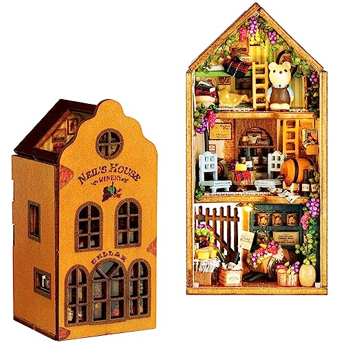 moin moin ドールハウス ミニチュア 手作りキット セット 自由に 並べて 重ねて くま 猫 うさぎ の カラフル な 街 オレンジ 前面を取り外しできる LEDライト 超小型 手のひらサイズ リアル かわいい レトロ アンティーク (ニールのワイ