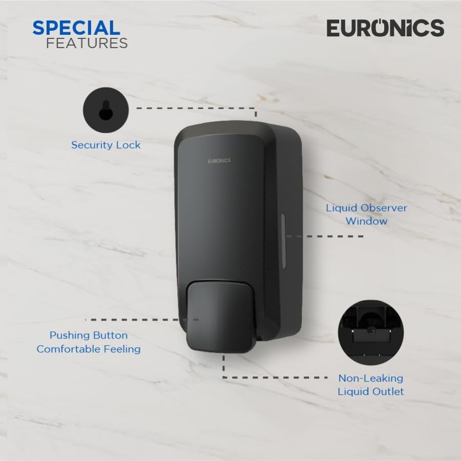 Image of Euronics Black Manual Soap Dispenser 1000Ml | Wall Mounted Liquid Soap & Dispenser | ABS Commercial Soap Dispenser with Visible Refill Window for Office, Hotel, Hospital & Washroom | ES43B