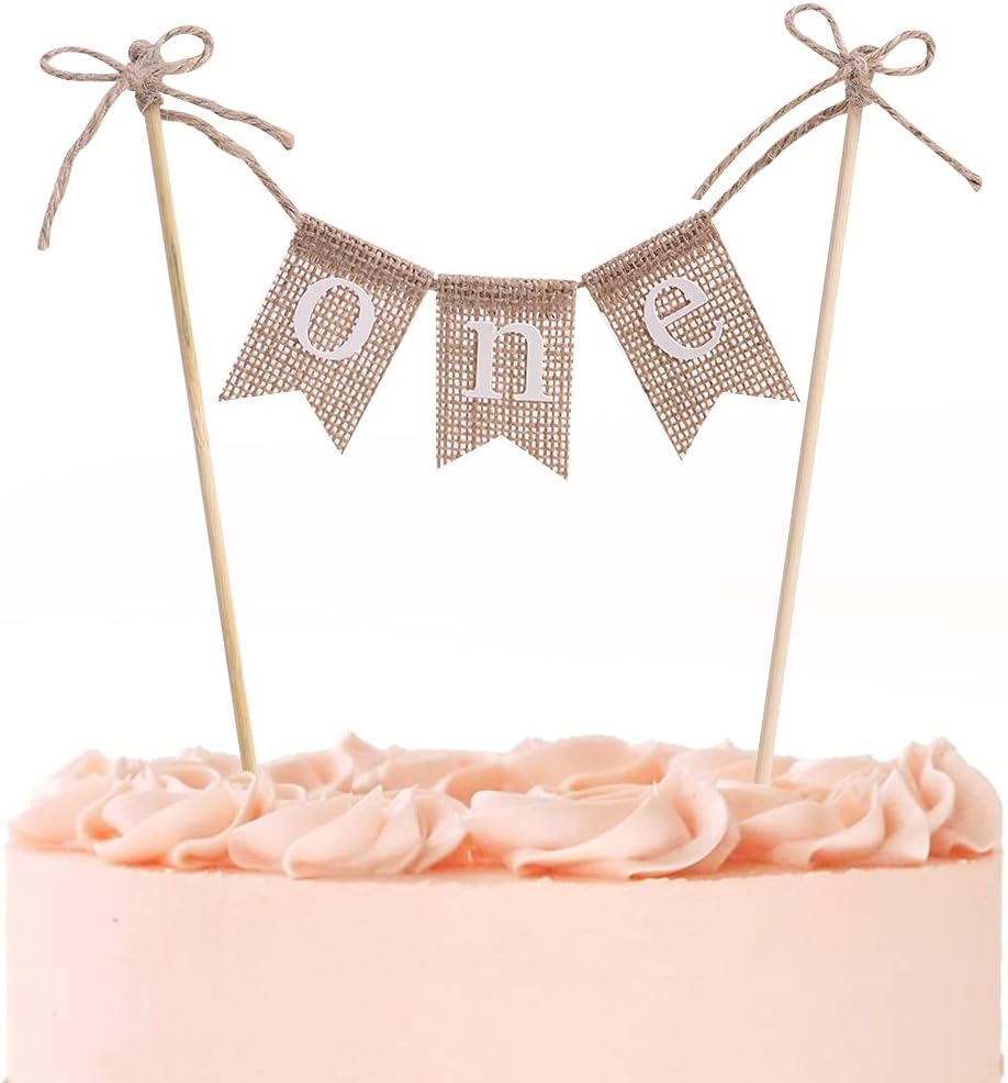 1st Birthday Cake Topper - Natural Linen & Bamboo ONE Decoration Flag with Detachable Photo Frame - Reusable Party Decor for Baby's First Birthday