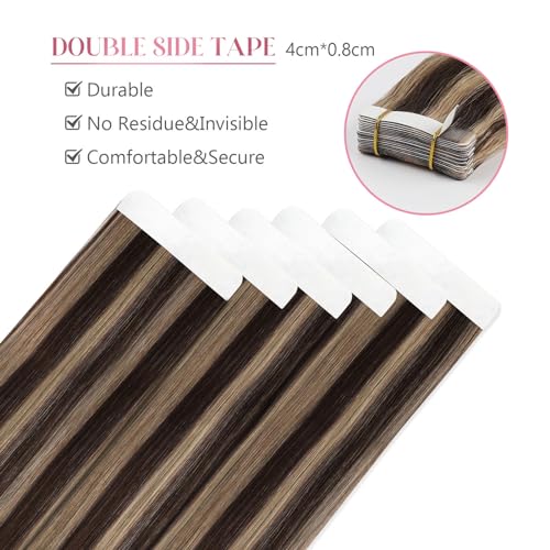 Image of Sixstarhair Tape In Hair Extensions Human Hair Chocolate Brown Highlighted Caramel Blonde Silky Straight Tape In Hair Remy Human Hair Extensions 50 Gram 20 Pcs [P4-27 22inch]
