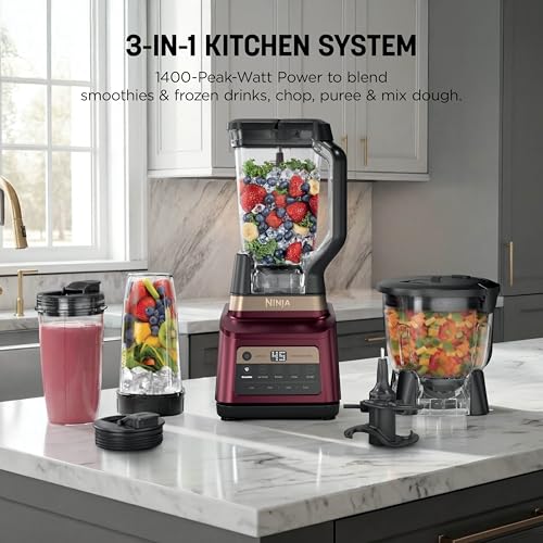 Image of Ninja Professional Plus Kitchen System Premier | 3-in-1 System I Food Processor, Blender, Mixer, Vegetable Chopper | Auto IQ Tech I 1400W | 72oz Pitcher, 64oz Bowl, 2 To-Go Cups | Red | BN801RD1BRN