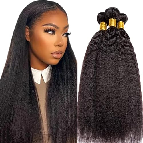 HeioWuio Tissage Naturel Cheveux Humain Human Hair Bundles Yaki Straight Hair 1B Natural Black Bundles Human Hair Extensions Double Weft for Women Minimal...