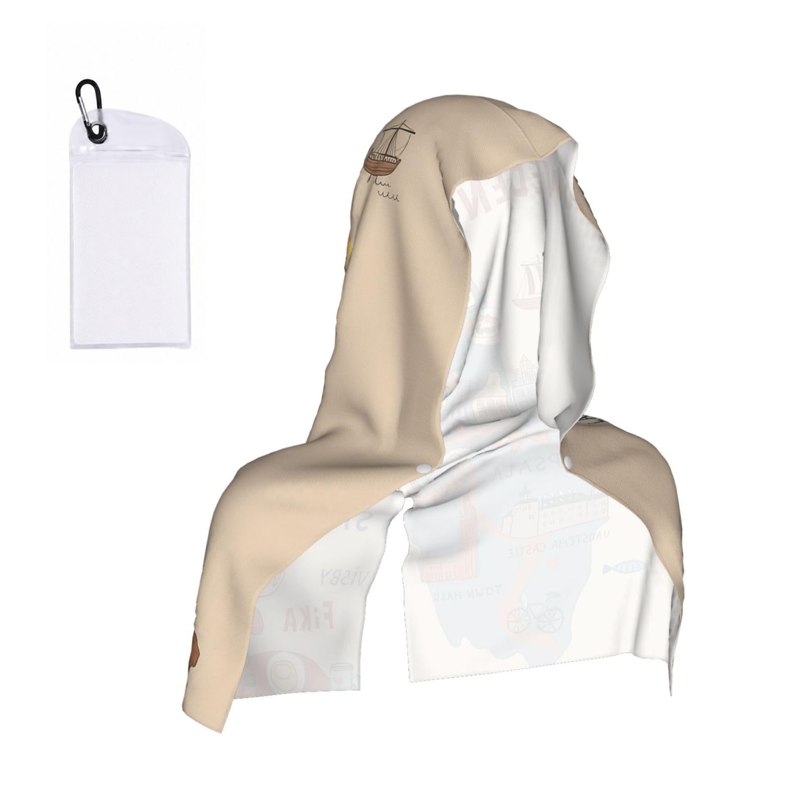 DUWAA Sweden Map With Various Illus Print Cooling Hooded Sports Towel, 30×60cm Quick Drying Summer Cool Head Wrap For Neck And Face