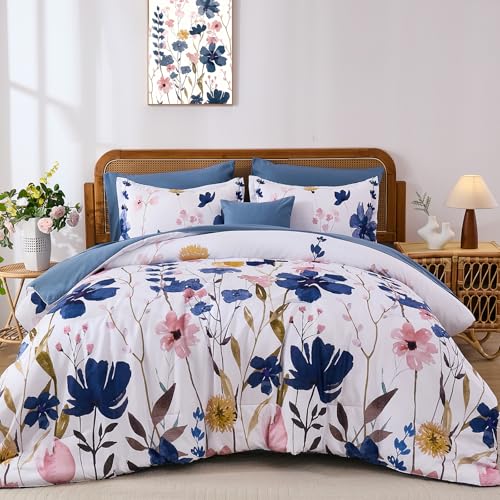 Blue Floral Comforter Set Queen Size, 8 Piece Botanical Flower Bed in a Bag, Reversible Design Comforter Soft Microfiber Complete Bedding Sets for All Season (Blue, 90