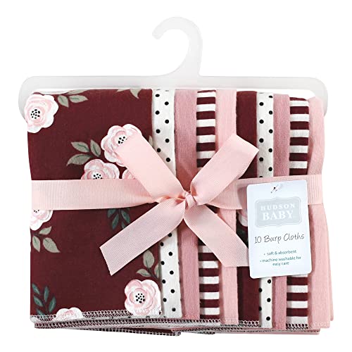 Image of Hudson Baby Unisex Baby Cotton Flannel Burp Cloths, Burgundy Floral, One Size