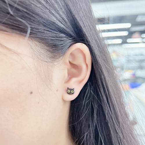 Cute Black Cat Head Stud Tiny Small Earrings Funny Lovely Yellow Eyes Kitten Cartilage Tragus Post Earring Simple Statement Animal Ear Studs Lightweight Jewelry for Women Sister Daughter3