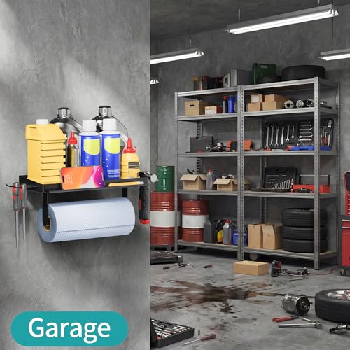 Image of ZUNTO 3-in-1 Wall Mount Garage Paper Towel Holder with Shelf, Organize Shelf & Pen Holder(or Phone Storage) & Hanging Hooks - Heavy Duty Stainless Steel Organizer for Kitchen, Workshop, Laundry Room