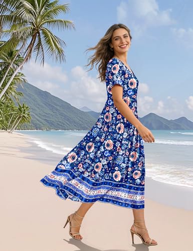 Image of YESNO Women's Summer Maxi Dresses Casual Floral Short Sleeve V Neck Boho Beach Vacation Swing Dress with Pockets EVF