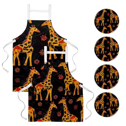 Lot de 2 tabliers de cuisine avec motif girafes florales et 4 broches incluses