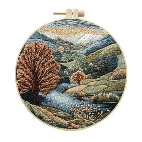 YEESAM ART Kit per ricamo con motivi di vista serena della natura, set completo per ricamo fai da te per adulti principianti cucito cucito