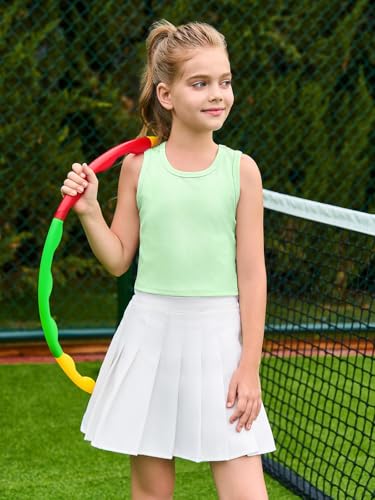 Image of Haloumoning Girls Tank Tops Kids Athletic Ribbed Knit Sleeveless Crop Tops Basic Camisole 5-14 Years