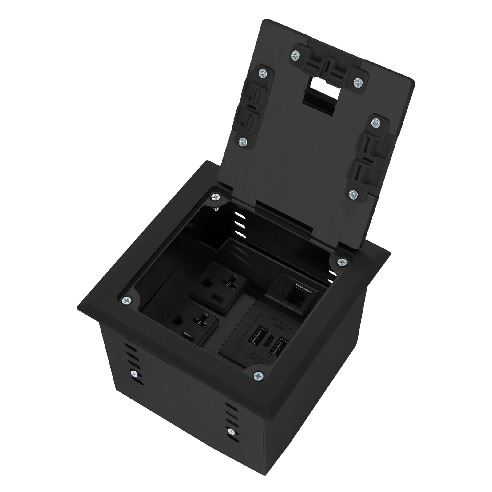 Kit de enchufe oculto plano empotrable para el suelo, panel de enchufe de suelo con 20 A, 2 CA + 2 USB + 1 tipo C + 2 LAN caja de salida de piso de carga empotrada (negro-2 USB + tipo C)