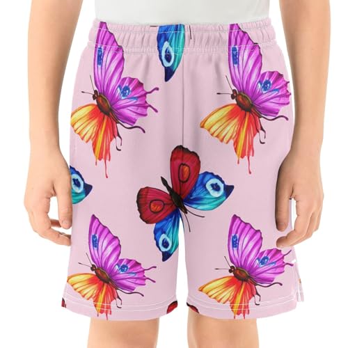Colorful Butterflies Athletic Shorts with Zipper Pockets, Youth Boys Athletic Running Shorts for Summer2