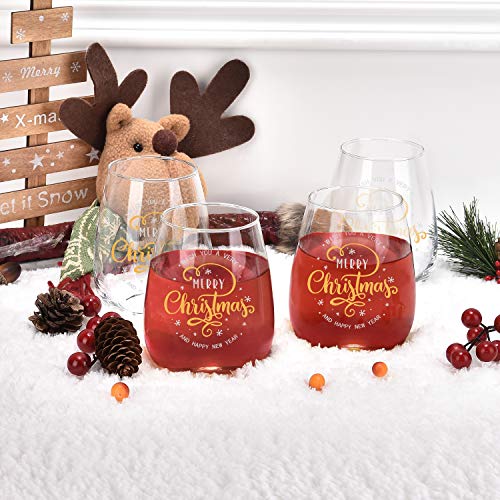 Wish You A Merry Christmas and Happy New Year Stemless Wine Glass Set, Stemless Wine Glasses for Women Friends Men Christmas Wedding Party, Set of 4