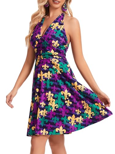 Image of Women's Festival Dress- Halter V Neck Sleeveless Ruffle Mini Dresses with Pocket