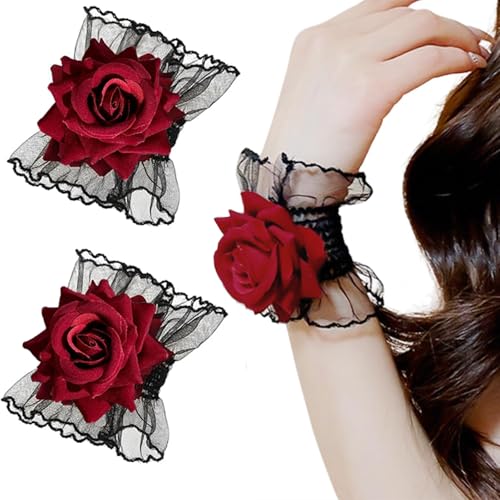 Gothic Rose Lace Gloves Lolita Hand Sleeve Black Lace Elastic Bracelet Wine Red Flower Wrist Cuff Dress Accessories for Women Girls Wedding Halloween Prom Costume Accessories 1 Pair