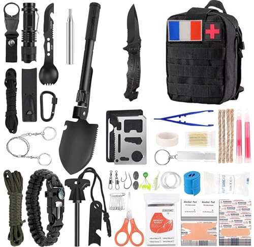 Kit de Survie Sac Complet - Trousse de Secours - Mini Pelle Pioche Pliante - Boussole - Paracorde - Couteau Pliant Multifonction - Allume Feu - Lampe Torche (Noir)