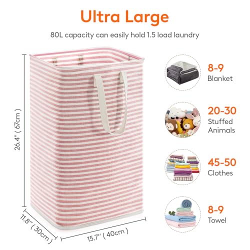 Image of Lifewit 1 Pack Laundry Basket 80L Each, Collapsible Clothes Hamper with Reinforced Handles, Freestanding Waterproof Design for Bedroom and Laundry Room, Pink 80L Total