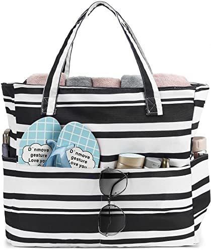 LEDAOU Large Beach Tote Bag Women Waterproof Sandproof Zipper for Pool Gym Grocery Travel with Wet Pocket (Black White Stripes)