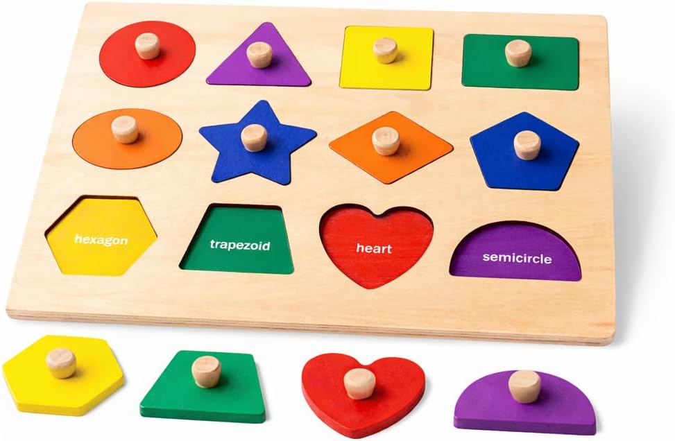 Wooden Shape Peg Puzzle Board, Educational Geometric Learning Board with Knobs, Multicolor Basic Shapes