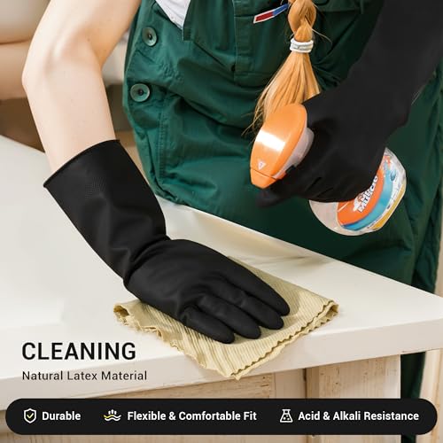 ThxToms 3 Pairs Dishwashing Gloves, Reusable Latex Cleaning Gloves for Housework Kitchen Bathroom, Durable Flexible & Anti-slip, Smooth Comfortable Lining, Extra Large, Black