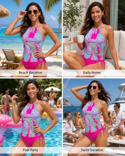Image of Womens Two-Piece Tankini Set Cow Skull with Leopard Print Sets Swimwear Tankini Top Sets Swimwear