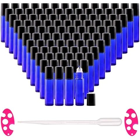 inice 100 Pack,10ml Roller Bottles for Essential Oils Cobalt Blue Thick Glass Stainless Steel Roll On Ball Bottles Cover